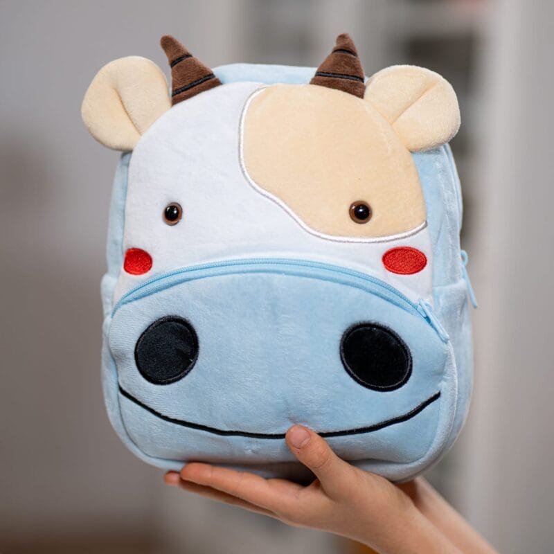 ghiozdănel văcuță din pluș personalizat cu nume