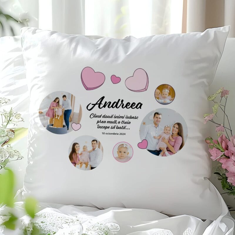 pernă personalizată cu nume și ziua de naștere pentru bebe