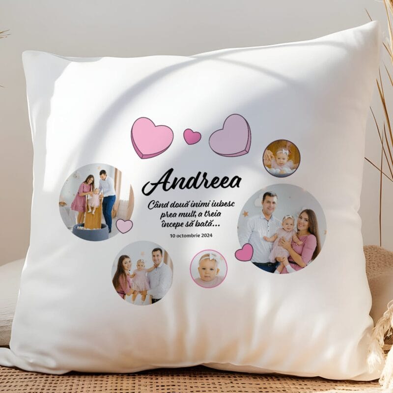 pernă personalizată cu nume și ziua de naștere pentru bebe