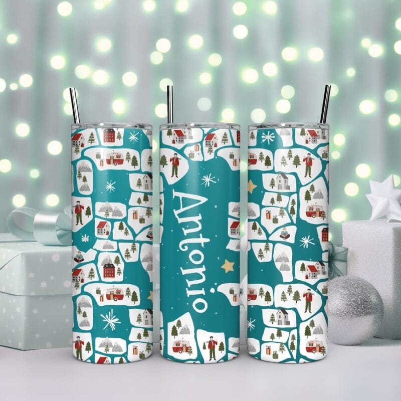 termos personalizat cu nume și decor de iarnă