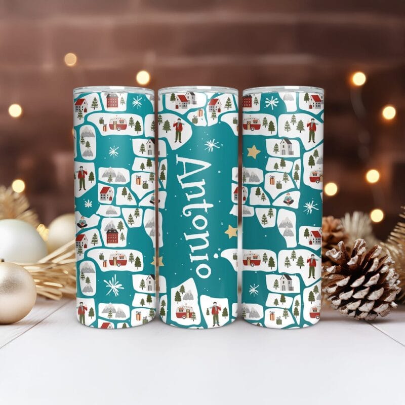 termos personalizat cu nume și decor de iarnă