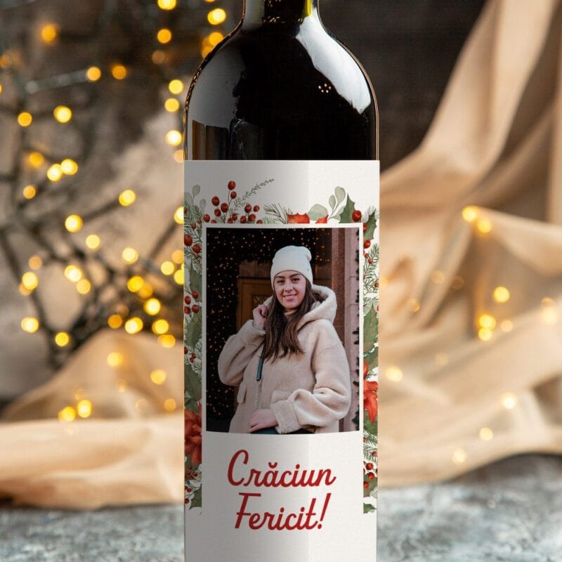 vin personalizat cu poză și urare pentru crăciun