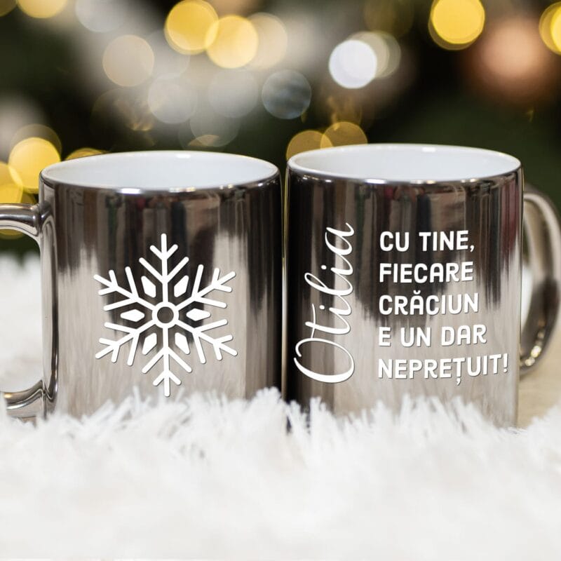 cană argintie personalizată cu nume și mesaj de crăciun