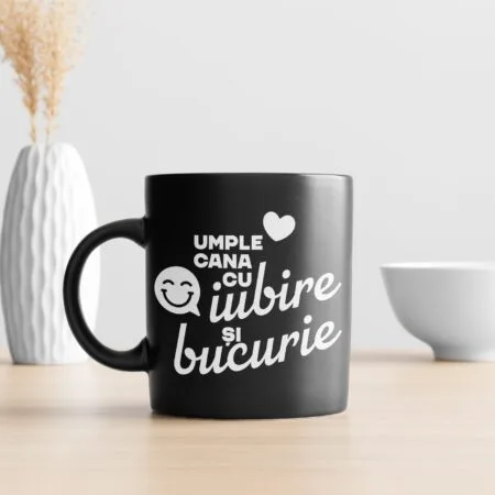 cană termo neagră din sticlă sablată personalizată cu iubire și bucurie