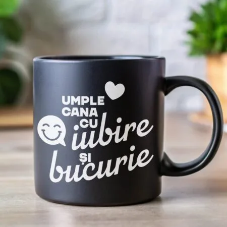 cană termo neagră din sticlă sablată personalizată cu iubire și bucurie