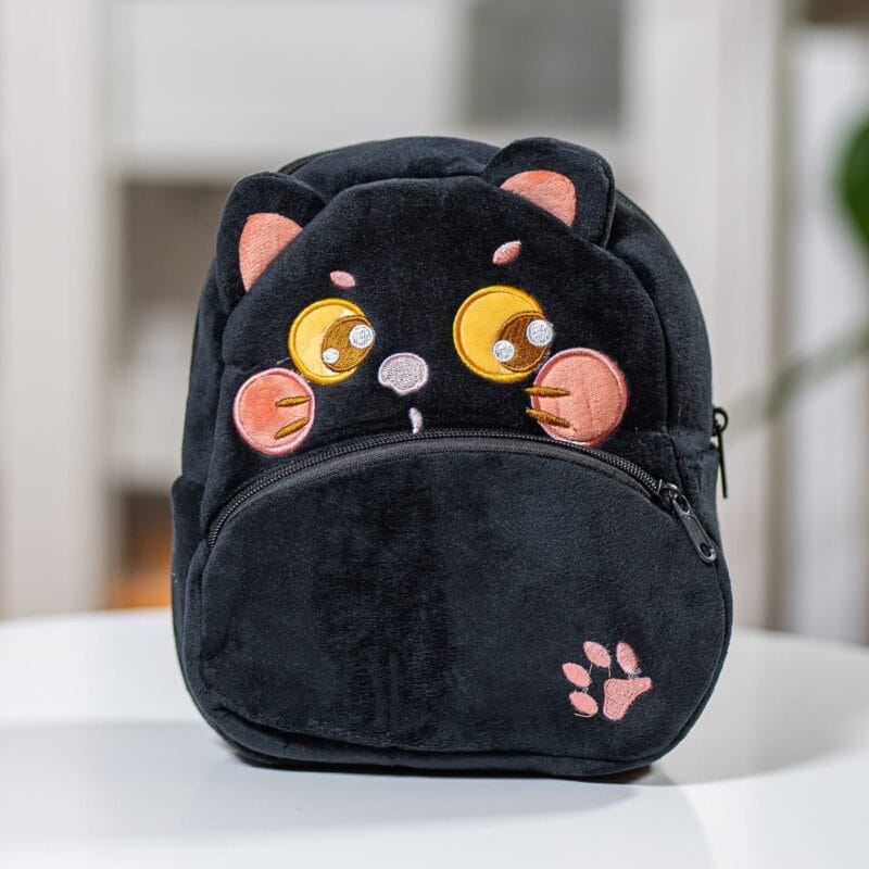 ghiozdănel pisicuță neagră din pluș personalizat cu nume