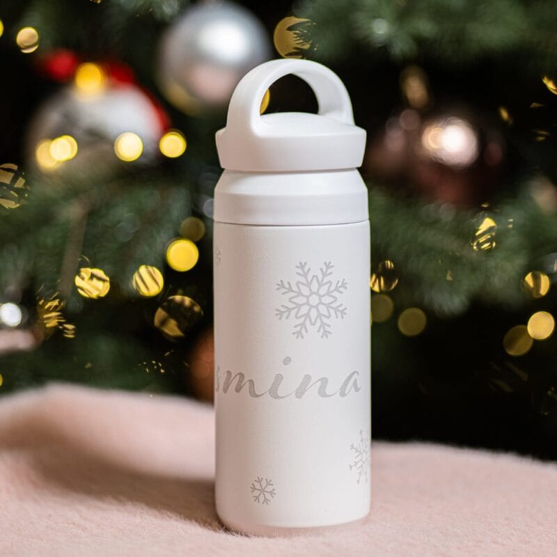 termos din oțel inoxidabil personalizat cu motiv de iarnă și nume