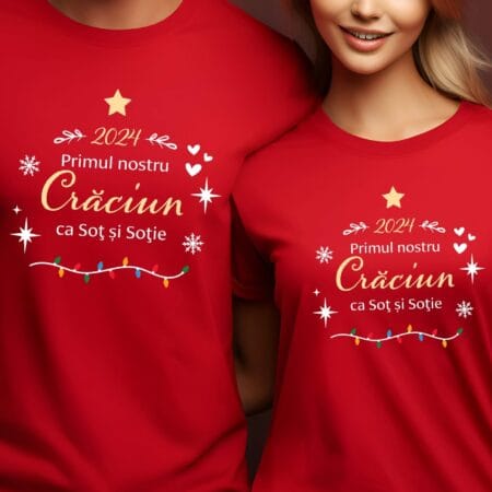 set tricouri roșii personalizate primul nostru crăciun