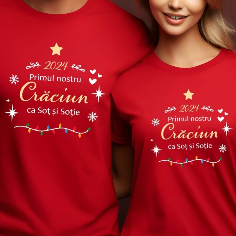 set tricouri roșii personalizate primul nostru crăciun
