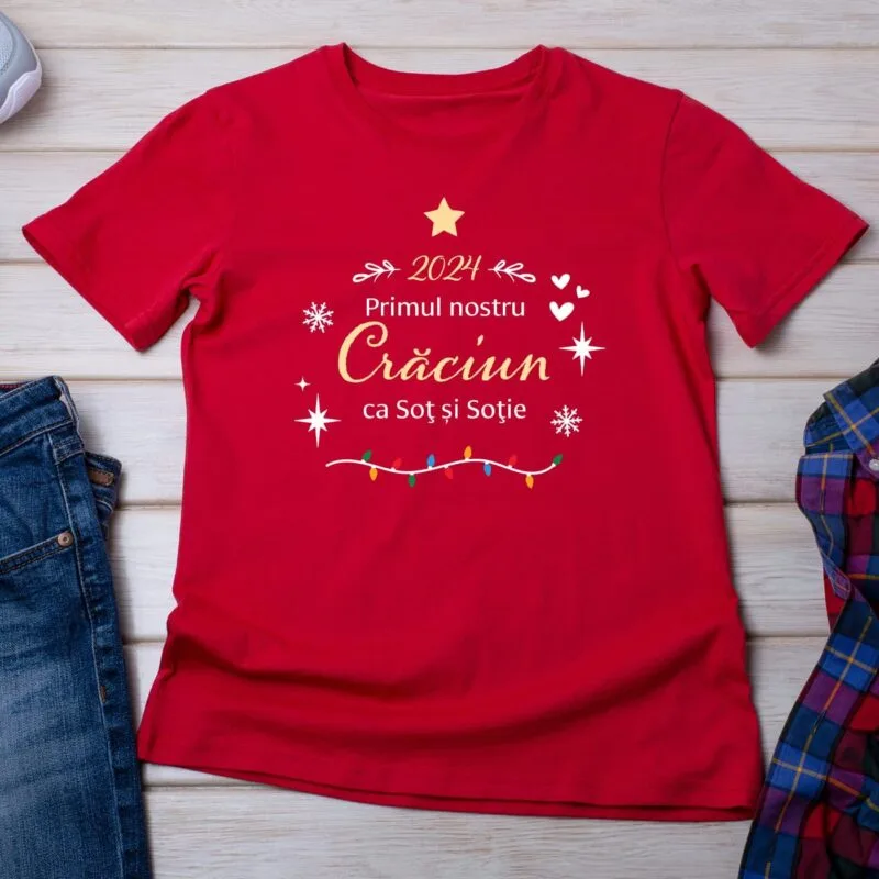 set tricouri roșii personalizate primul nostru crăciun