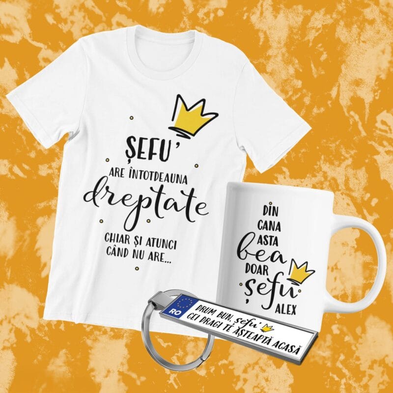 set personalizat cu cană, tricou și breloc pentru Șefu'