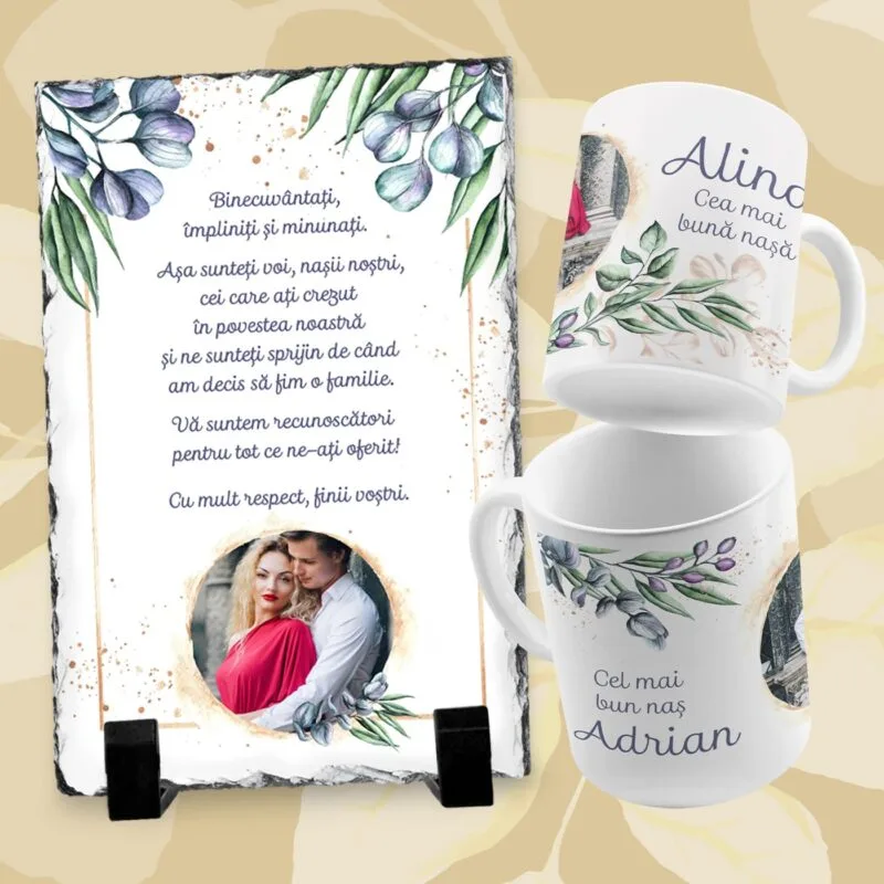 set personalizat pentru nași cu ardezie și căni