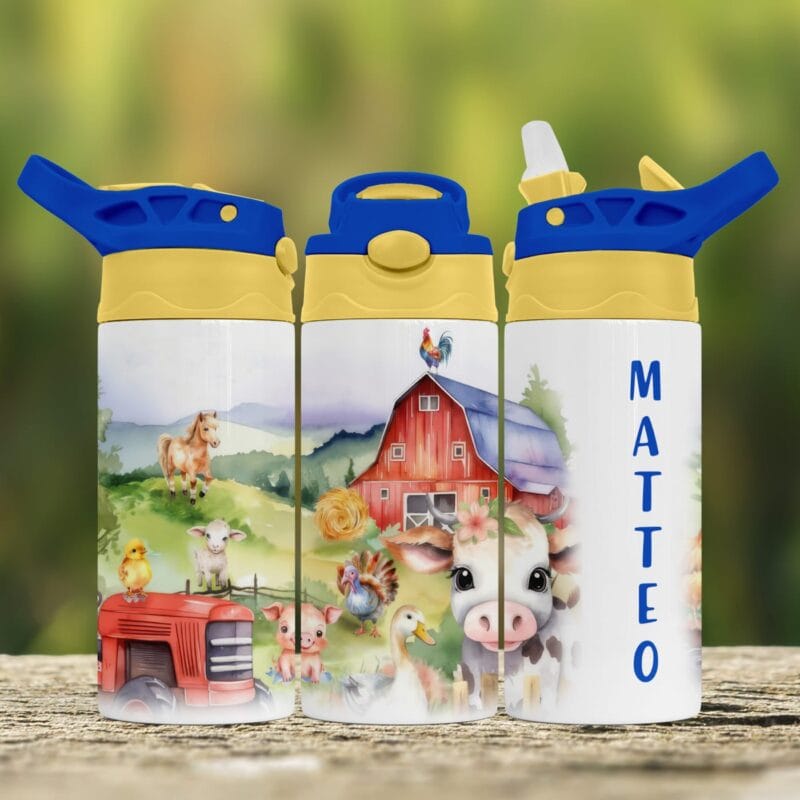 bidon cu pai și capac colorat personalizat cu nume la fermă