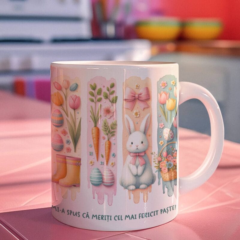 cană personalizată cu nume și mesaj pentru paște