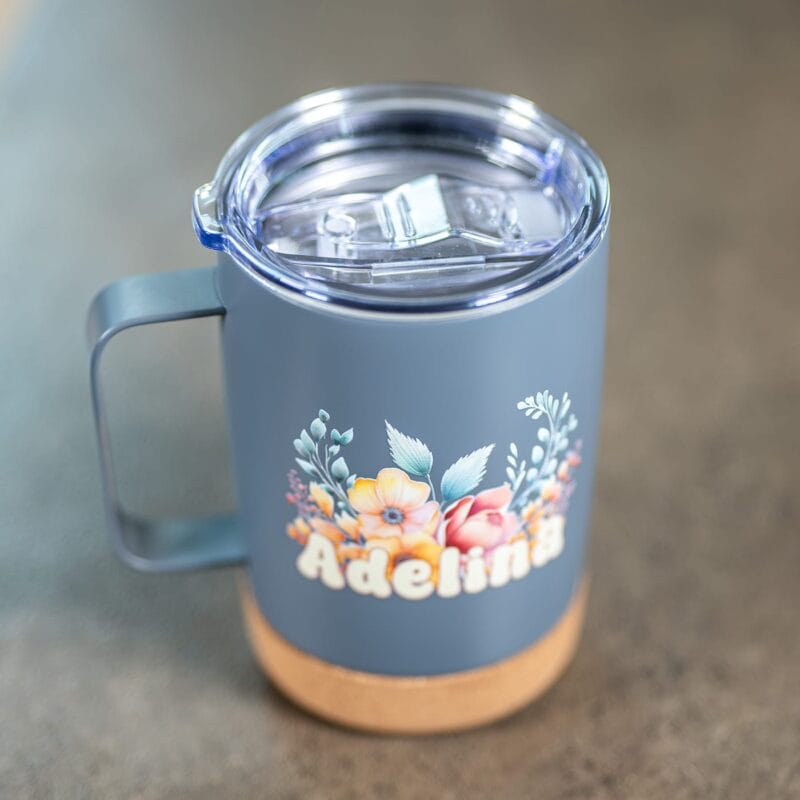 cană termos personalizată cu nume și decor floral