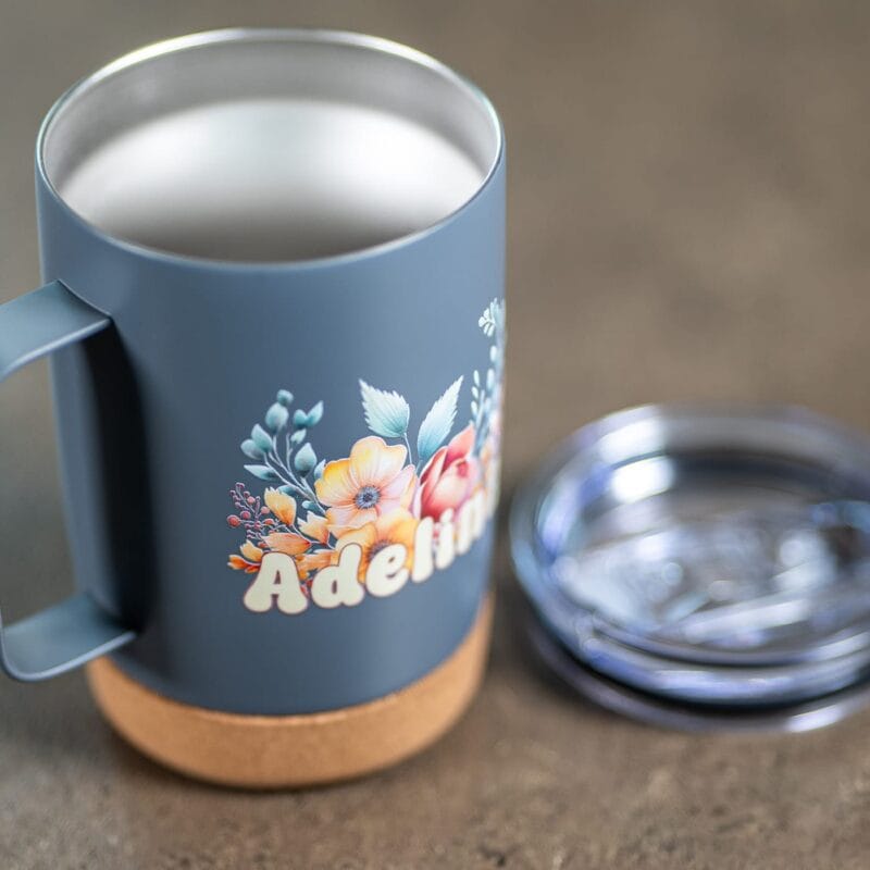 cană termos personalizată cu nume și decor floral