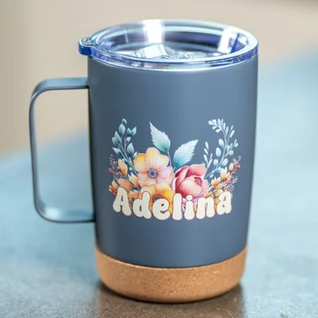 cană termos personalizată cu nume și decor floral