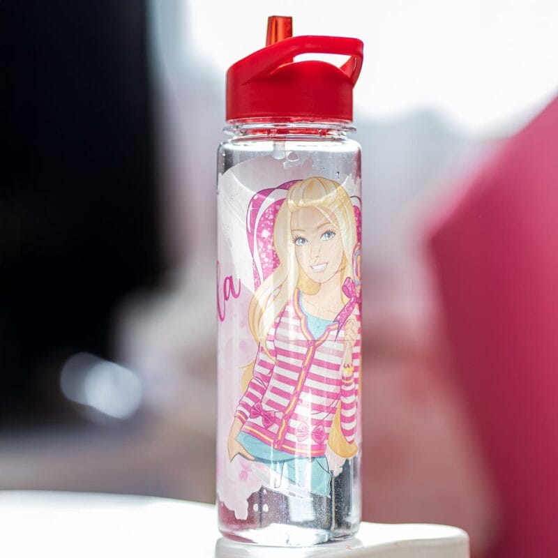 sticlă cu pai și capac colorat personalizată cu nume și barbie