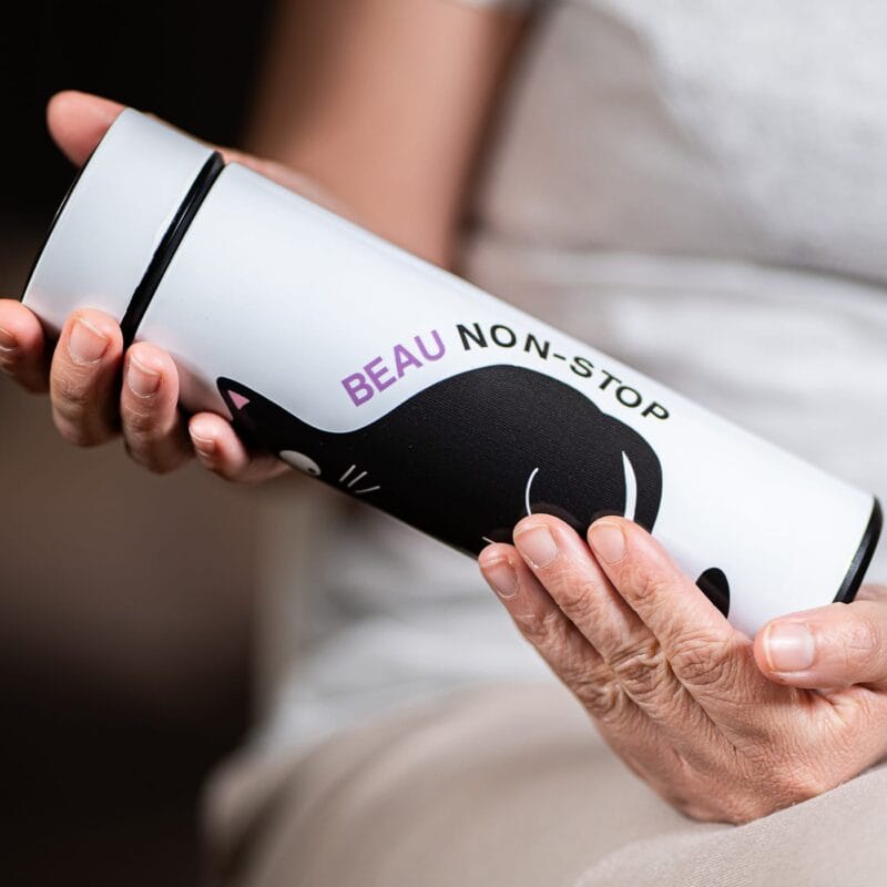 termos personalizat cu pisică și mesajbeau non-stop