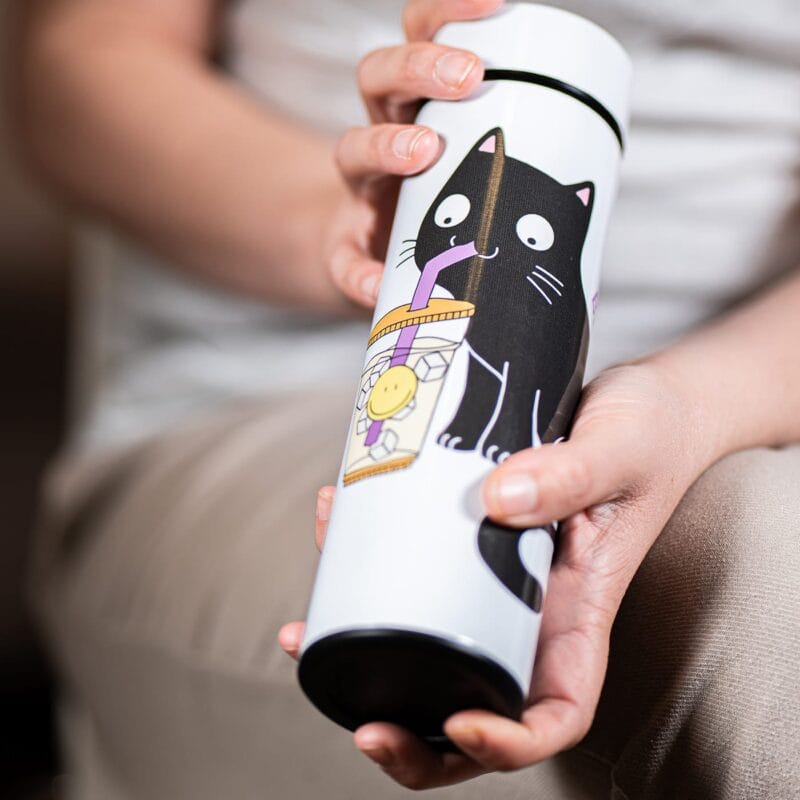 termos personalizat cu pisică și mesajbeau non-stop