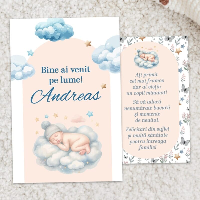 felicitare personalizată cu mesaj și nume pentru nou născut