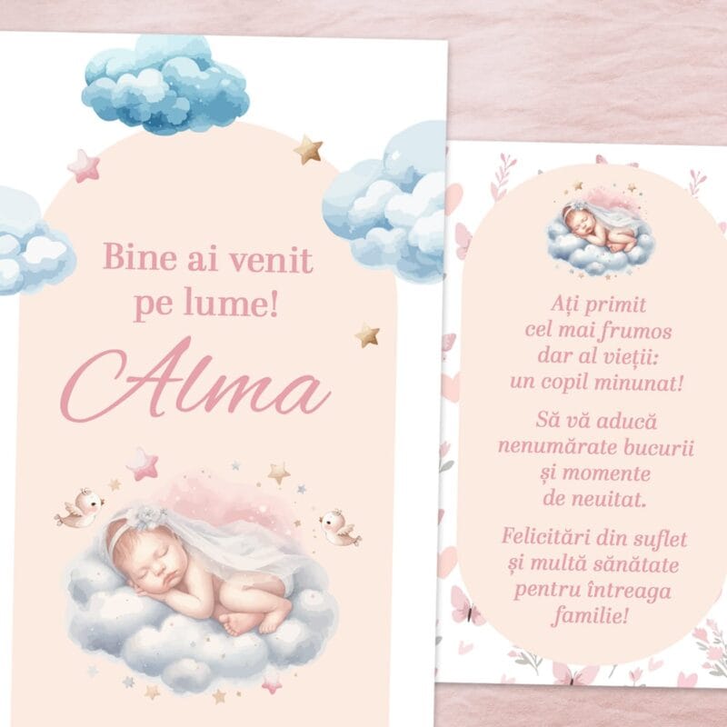 felicitare personalizată cu mesaj și nume pentru nou născut