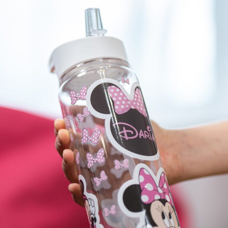 sticlă cu pai și capac colorat personalizată cu nume și minnie