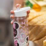 sticlă cu pai și capac colorat personalizată cu nume și minnie