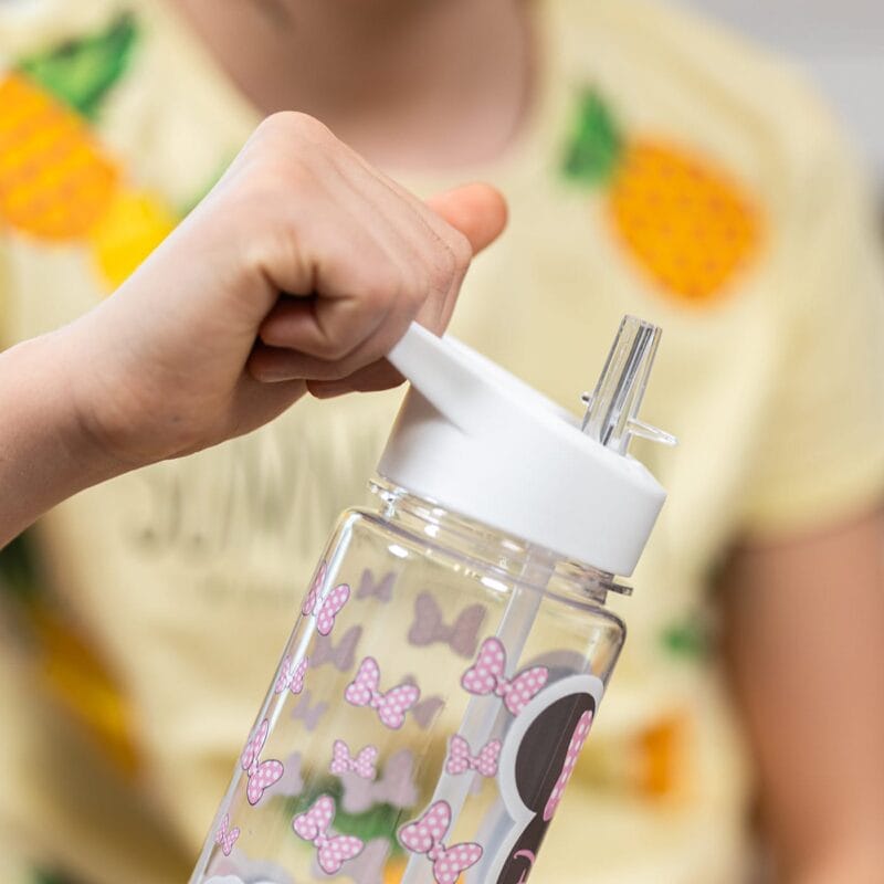 sticlă cu pai și capac colorat personalizată cu nume și minnie