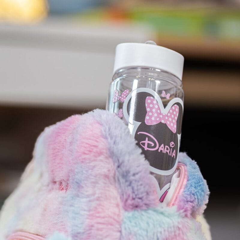 sticlă cu pai și capac colorat personalizată cu nume și minnie