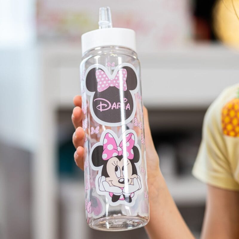 sticlă cu pai și capac colorat personalizată cu nume și minnie