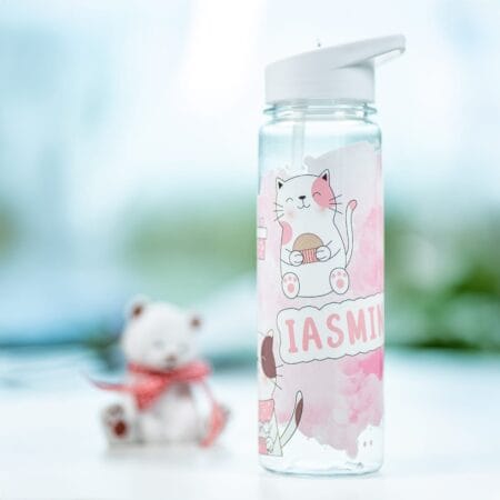 sticlă cu pai și capac colorat personalizată cu nume și pisicuțe