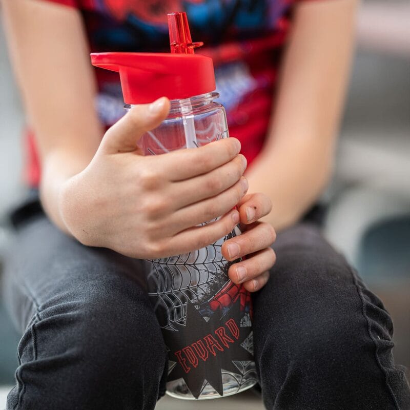 sticlă cu pai și capac colorat personalizată cu nume și spider man