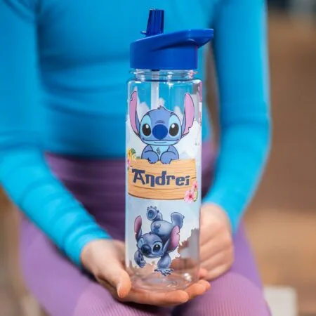 sticlă cu pai și capac colorat personalizată cu nume și stitch