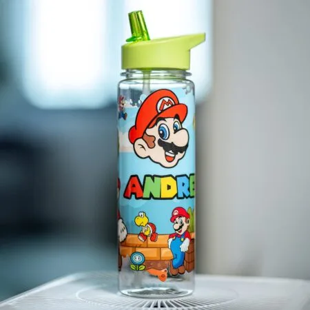 sticlă cu pai și capac colorat personalizată cu nume și super mario