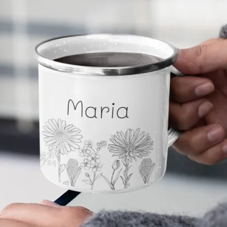 cană metalică emailată personalizată cu nume și flori alb negru