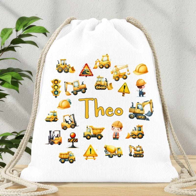 rucsac personalizat cu nume și utilaje de construcții