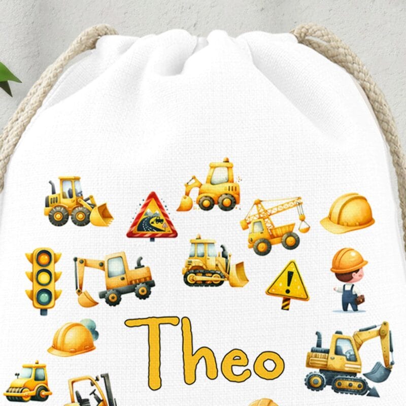 rucsac personalizat cu nume și utilaje de construcții