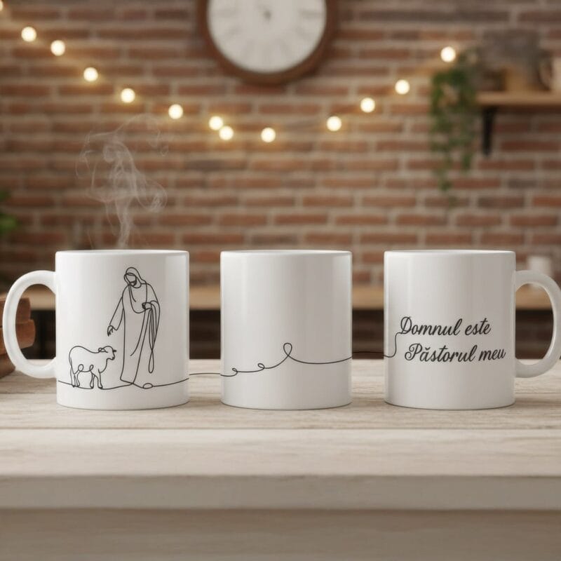 cană creștină cu design line art – "domnul este păstorul meu"