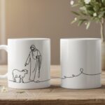 cană creștină cu design line art – "domnul este păstorul meu"