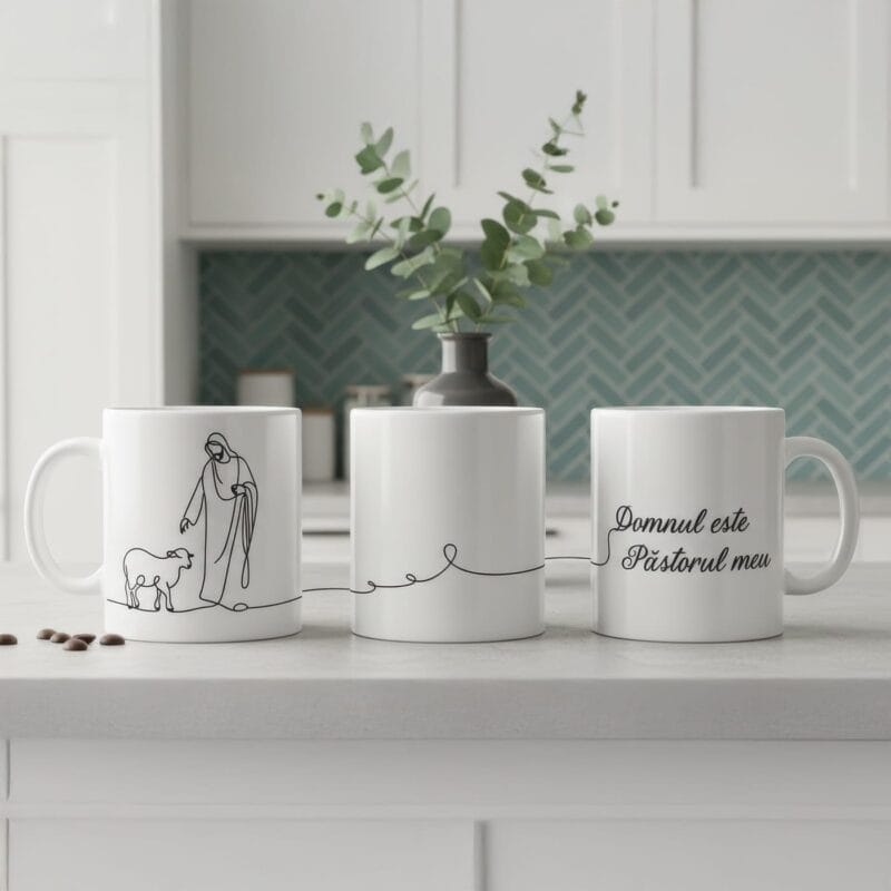 cană creștină cu design line art – "domnul este păstorul meu"