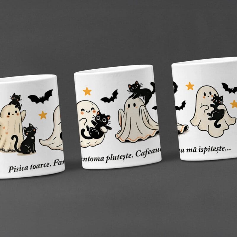 cană de halloween "fantome și pisici" cadou adorabil cu mesaj amuzant, perfectă pentru toamnă