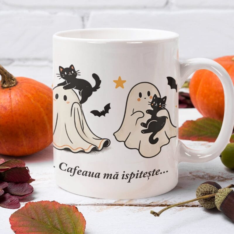 cană de halloween "fantome și pisici" cadou adorabil cu mesaj amuzant, perfectă pentru toamnă