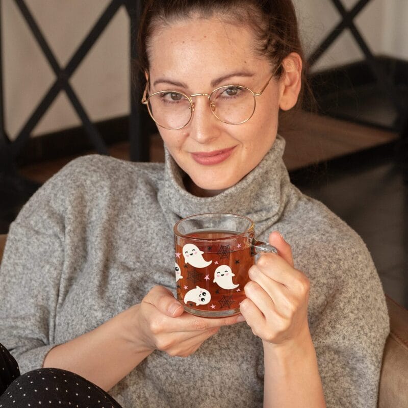 cană de sticlă de halloween "fantomițe vesele" – personalizată cu numele tău