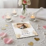 magnet mărturie nuntă "un moment, o viață" – cu design botanic auriu