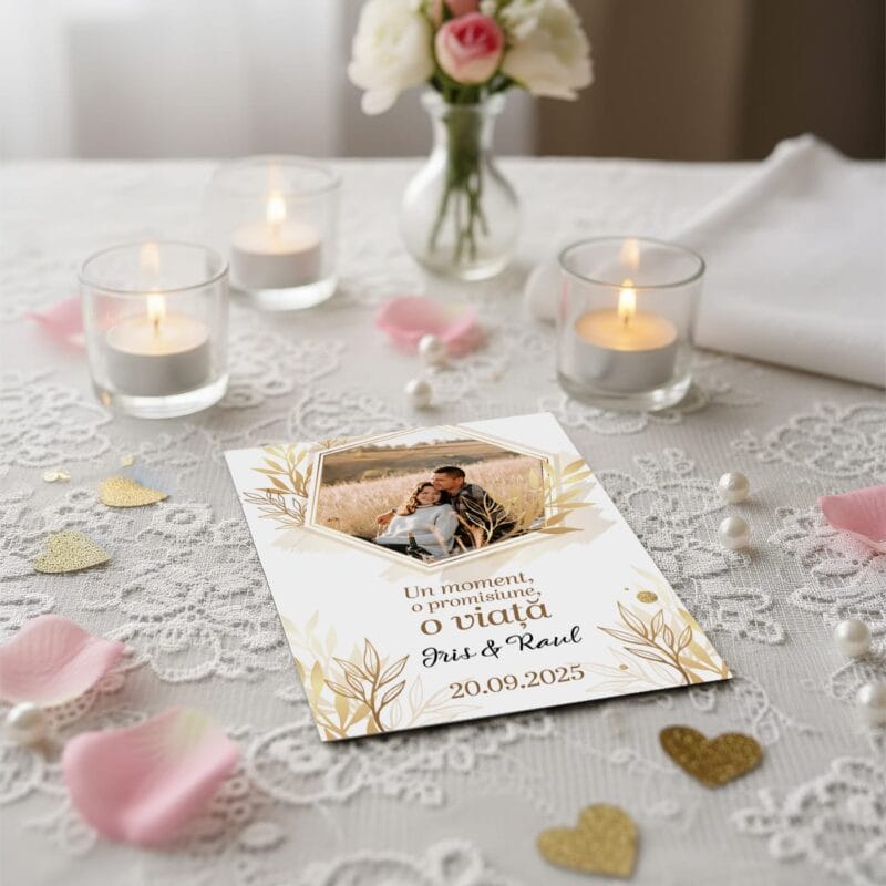 magnet mărturie nuntă "un moment, o viață" – cu design botanic auriu