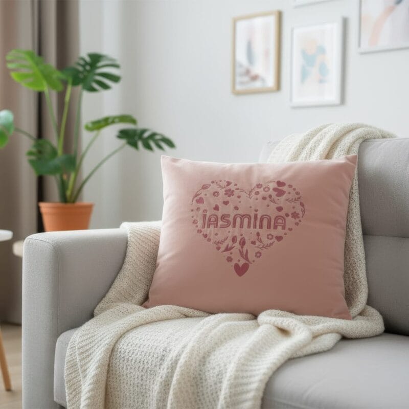 pernă de catifea "inimă florală" – brodată cu numele tău