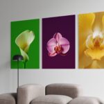 set 3 tablouri canvas "grădina vibrantă" triptic modern cu orhidee și cală, artă murală colorată