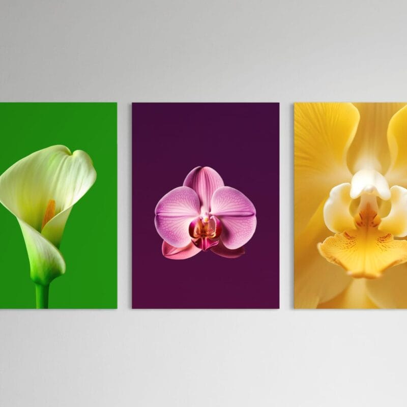 set 3 tablouri canvas "grădina vibrantă" triptic modern cu orhidee și cală, artă murală colorată