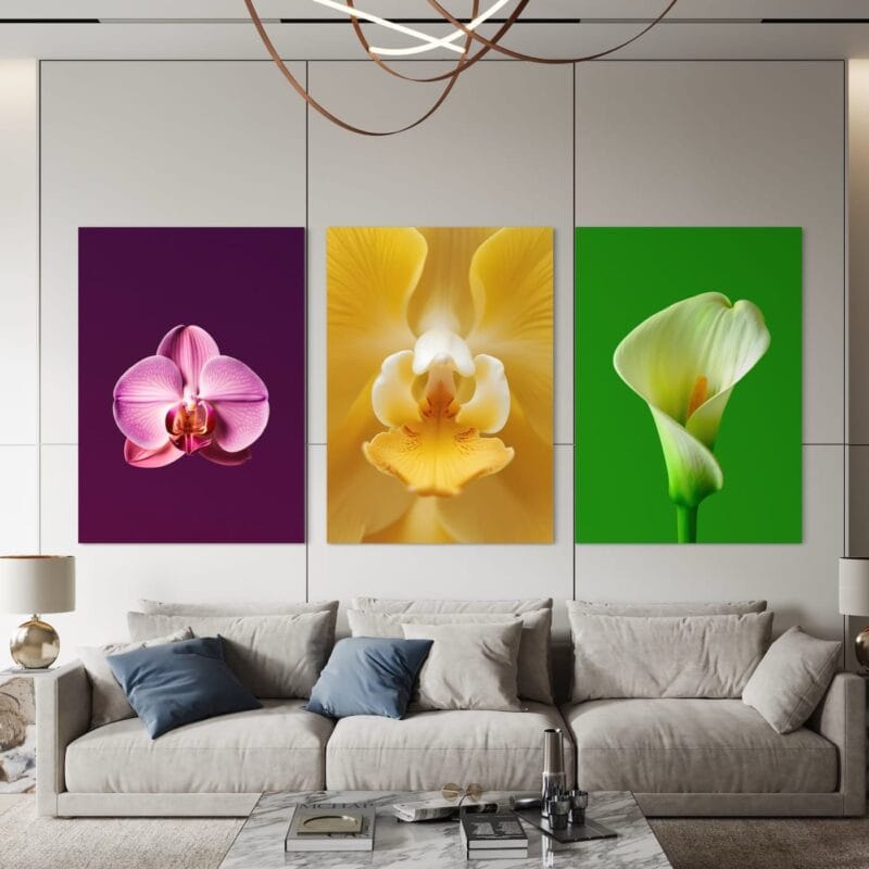 set 3 tablouri canvas "grădina vibrantă" triptic modern cu orhidee și cală, artă murală colorată